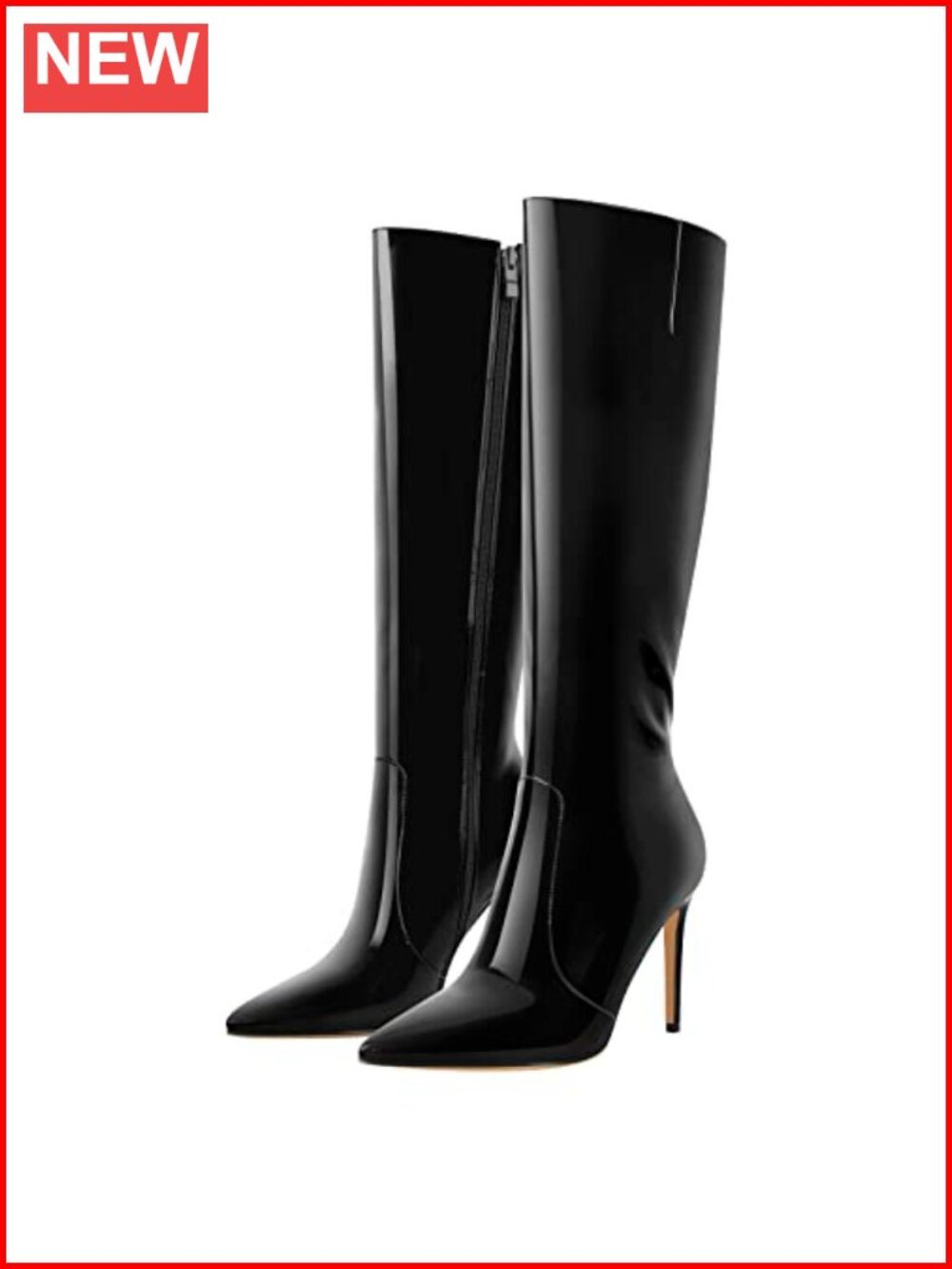 Pointed Toe Knee High Stiletto High Heel Boots Faux Patent Leather
